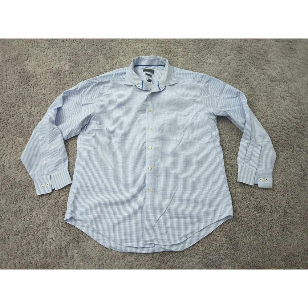 Calvin Klein Button Up Shirt Mens 17 Blue Check Long Sleeve Slim Fit Non-Iron